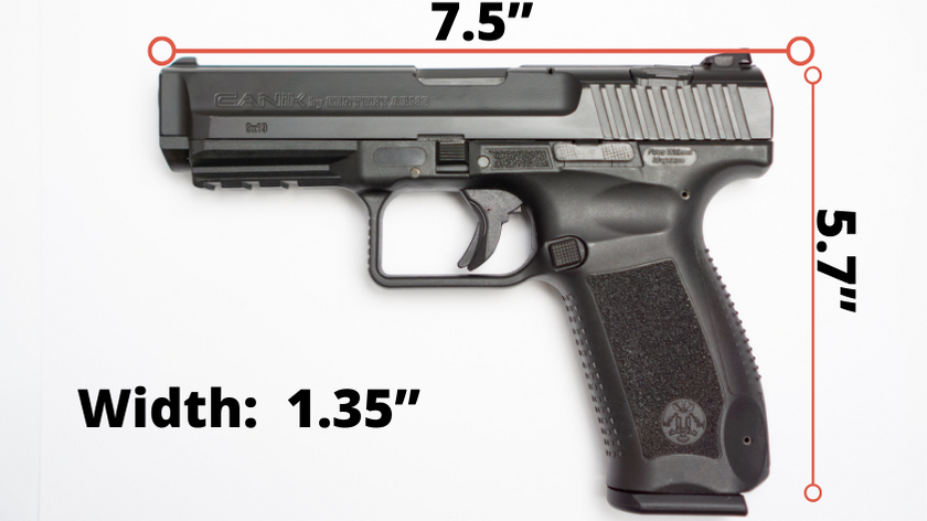 Canik TP9 pistol with dimensions (7.5 inch length, 5.7" inch height and 1.35" width)