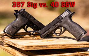 40 SW and 357 Sig pistols on a bench