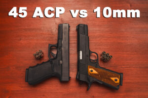 45 ACP and 10mm pistols with ammo on display