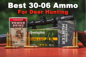 30-06 ammo and rifle on a shooting bench