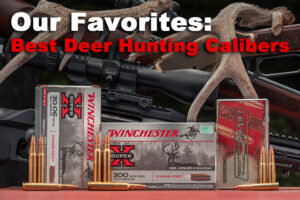 Some of the top caliber choices for deer hunting laid out at a shooting range.