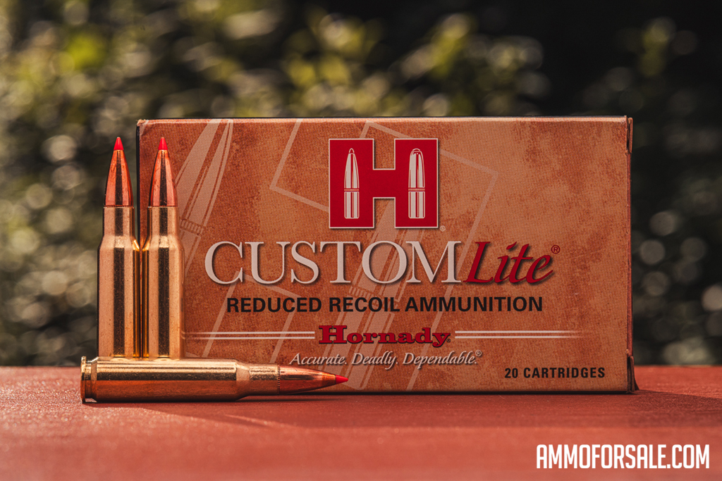Hornady custom lite 308 ammo displayed at a shooting range