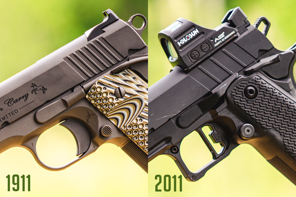 Close up photo showing the similiarties of the 1911 and 2011 triggers