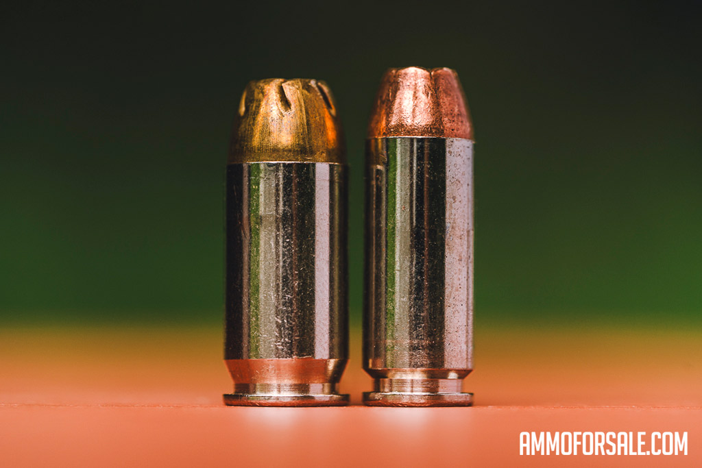 45 ACP and 10mm ammo cartridges side by side
