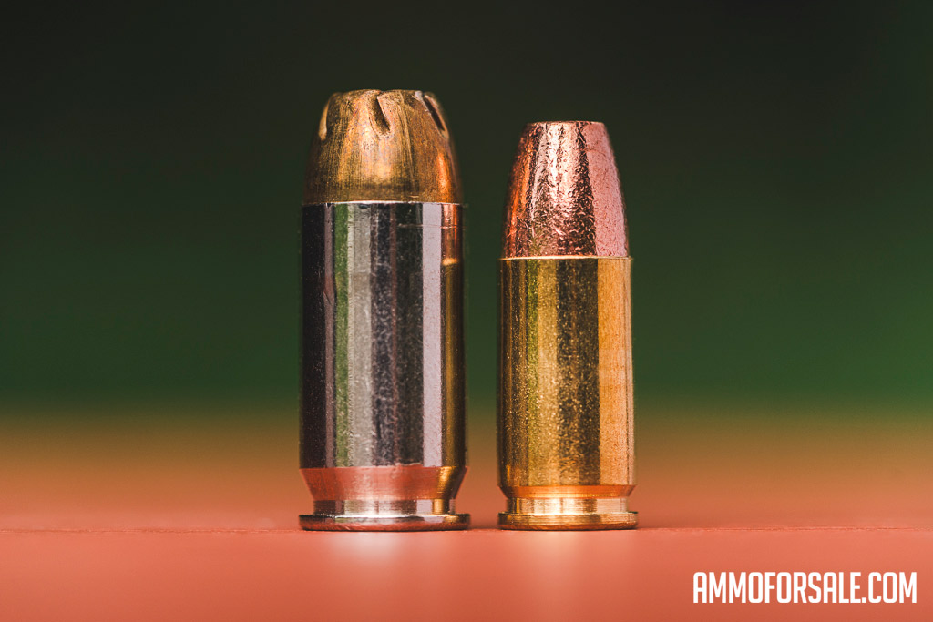 The larger 45 ACP cartridges used with 1911 pistols side by side with the smaller 9mm cartridge used by 2011 shooters.