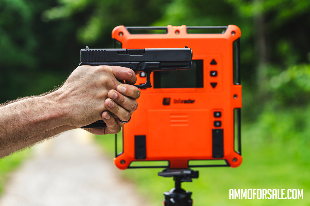 Chronograph testing a Glock chambered in 10mm