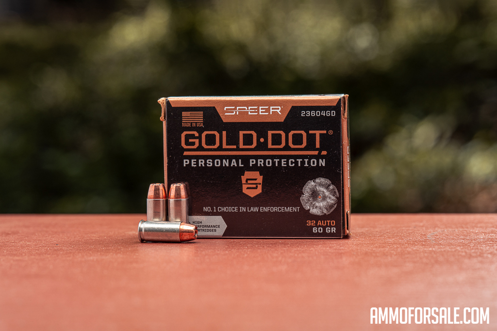 Speer Gold Dot 32 ACP ammo on display