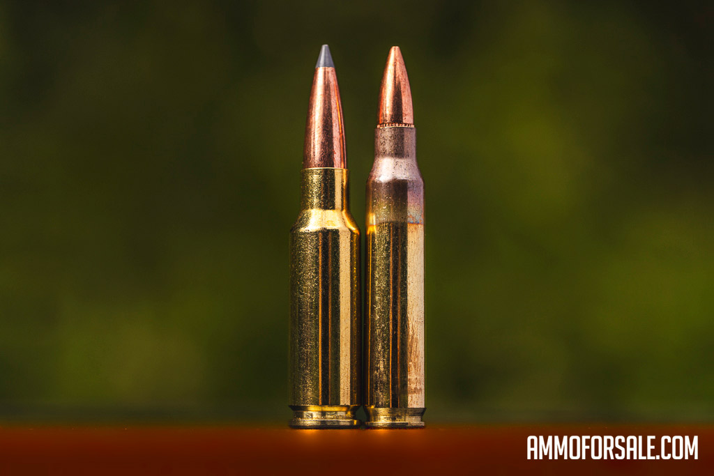 6.5 Creedmoor ammo side by side with 223 6.5 Creedmoor ammunition cartridge next to a 223 remington cartridge