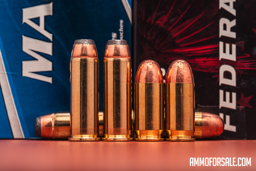 44 magnum ammo cartridges side by side with 45 ACP cartridges