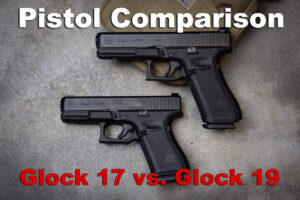 Glock 17 vs 19 pistols displayed on a table