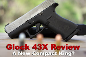 Glock 43X Review pistol on a table with ammo