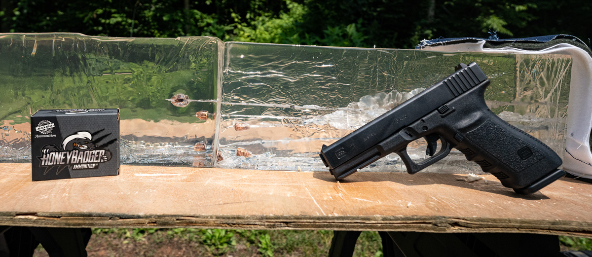 Testing 45 ACP HoneyBadger ammo in ballistic gel