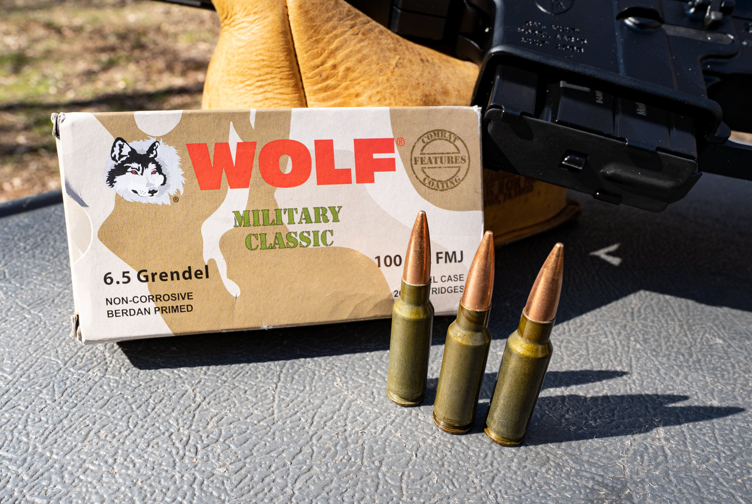 Wolf 6.5 Grendel ammo at a shooting range