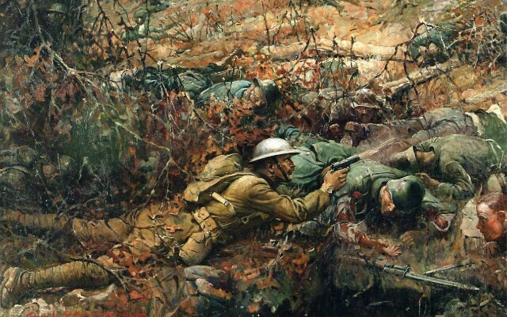 A painting depicting Alvin York's triumph over the Germans