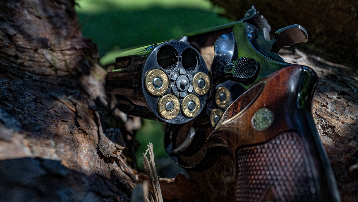 The Dirty Harry revolver displayed with an open cylinder