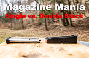 A single stack vs double stack gun magazine on a shooting bench